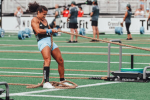 Invictus Masters athlete, Cheryl Brost, competing in the sled event at the 2023 CrossFit Games.
